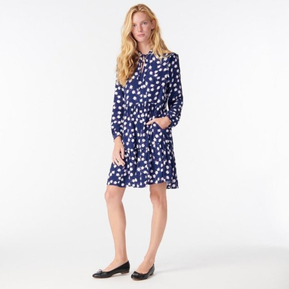 Tie-neck tiered dress in scattered peony print - Picture 1 of 13